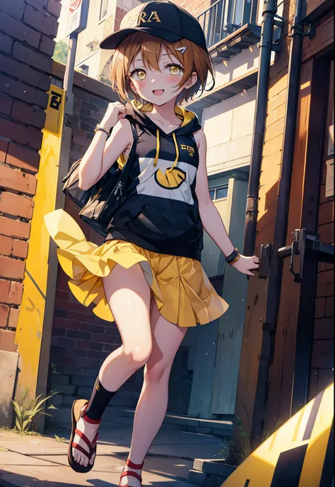 Rin Hoshizora (Yellow Eyes:1.5), Hair between the eyes, Brown Hair,Short Hair,blush,happy smile, smile, Open your mouth,Baseball hats,Oversized sleeveless hoodie,Long skirt,Cute Sandals,Daytime,Clear skies,Walking,whole bodyがイラストに入るように, 　　　　　　　　　　　break lo...