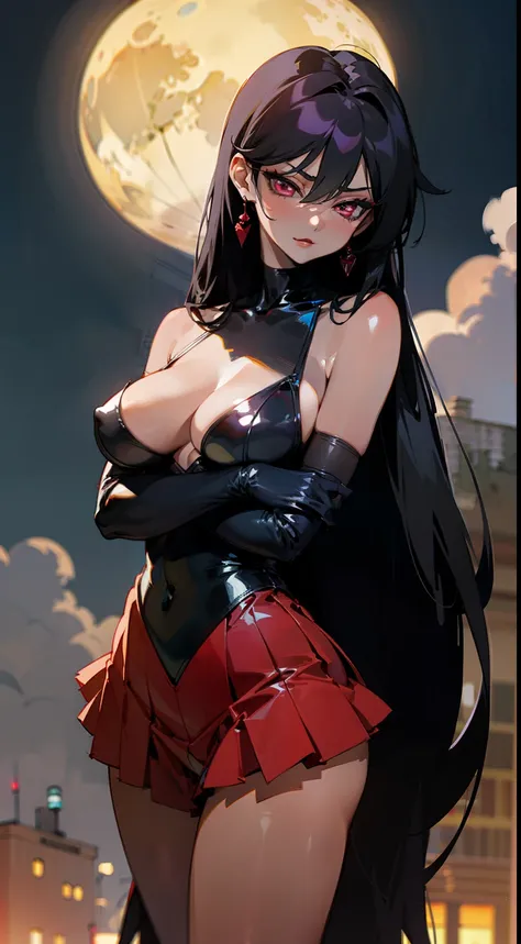 (Masterpiece), Best Quality, ultra-detailed, 1girl (SMMars, Slender and sexy body, lovely breasts, dark skin, black hair, very long hair, red eyes, half-closed eyes), evil face, smirk, parted lips, mascara, full makeup, black eyeshadow, red lipstick, solo,...