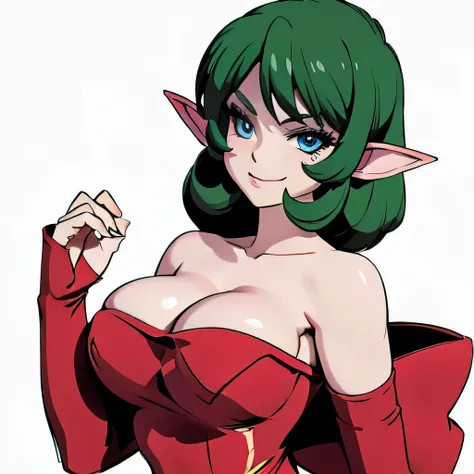  ((masterpiece,best quality,ultra-delicate,Perfect Face,16k,high resolution,very beautiful girl)),medium short green hair, seductive pose,Red strapless bodycon tube dress ,Red long arm sleeves,red high heels,Elf Girl,huge Breasts,blue eyes,Beautiful smile,...