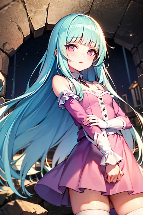 Top quality, super detailed, beautiful face, perfect anatomy, one girl, fair skin, long hair, light blue hair, blunt bangs, pink eyes, pink dress, purple sleeves, purple thigh-high socks, blurred background, abandoned mine tunnel