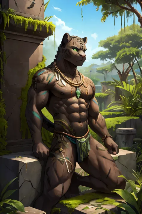 Athletic muscles panther, statue made of stone, stone skin, moss covered, inanimate object, male, paint on body; tribal African totem in shape of anthro, vegetation over skin, wild hair, dirty, dusty, demolished in pieces