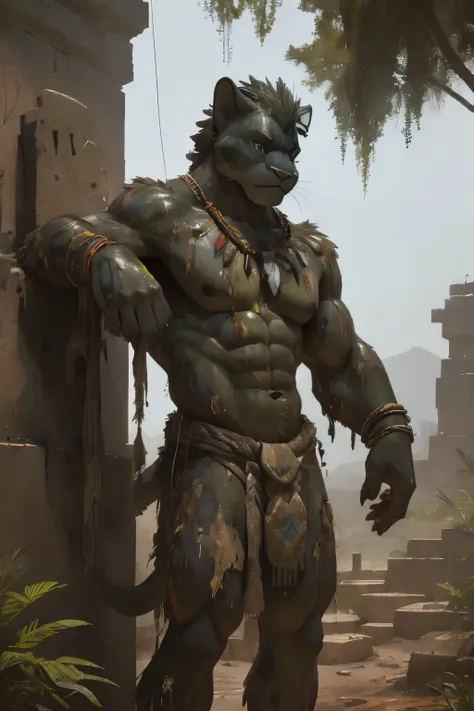 Athletic muscles panther, statue made of stone, stone skin, moss covered, inanimate object, male, paint on body; tribal African totem in shape of anthro, vegetation over skin, wild hair, dirty, dusty, demolished in pieces