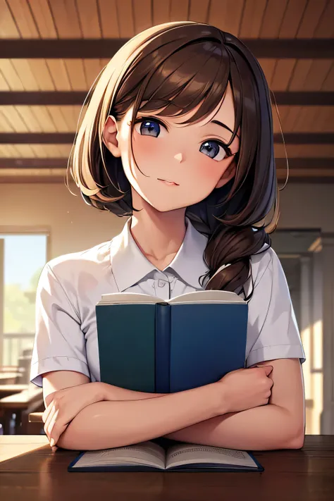 master piece,best quality,ultra-detailed,(studying1.3),library,upper body,(from front),(head tilt:1.3),brown hair,,short sleeve shirt,(looking down:1.2)