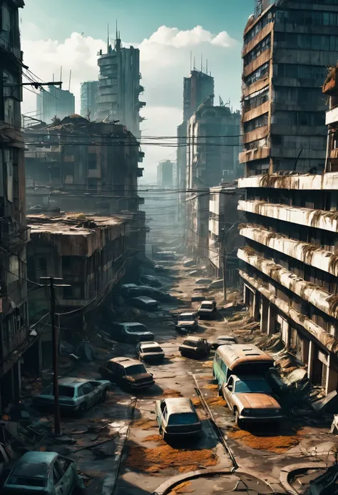 Image of the center of a modern ultra futuristic abandoned city with abandoned and rusty and dirty cars standing among the dirty modern round and circular buildings in ruins. Cyberpunk style, Science fiction, top view from a height of 30 meters, apocalipse...