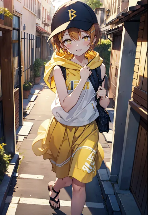 Rin Hoshizora (Yellow Eyes:1.5), Hair between the eyes, Brown Hair,Short Hair,blush,happy smile, smile, Open your mouth,Baseball hats,Oversized sleeveless hoodie,Long skirt,Cute Sandals,Daytime,Clear skies,Walking,whole bodyがイラストに入るように, 　　　　　　　　　　　break lo...