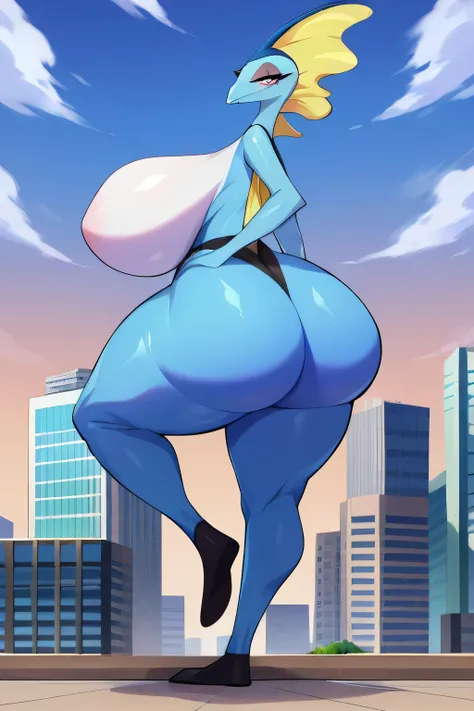 score_9, score_8_up, score_7_up, BREAK, solo, breasts, makeup, giant, stepping on the city, city background, ((huge breasts :1.5)), big ass, upper body, portrait, mature Inteleon, simple bottom, thick thighs, Hips wide, big ass, slightly showing butt crack...