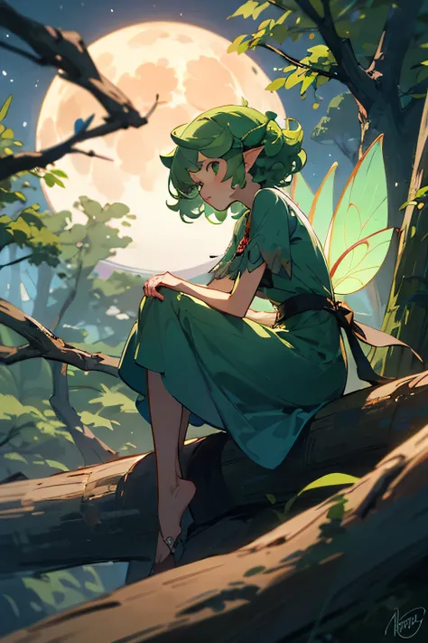 A fairy with green curly hair, wearing with a dress sitting on a log, in the forest at night with the glow of the full moon 