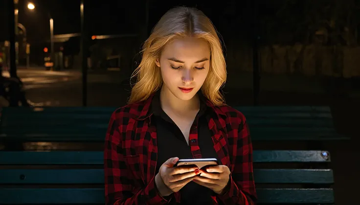 a young woman engaged with her smartphone, with her attention fully absorbed by the screen as it illuminates her face in a warm glow. She wears a red and black checkered shirt over a red top, suggesting a casual and perhaps contemporary style. Her blonde h...