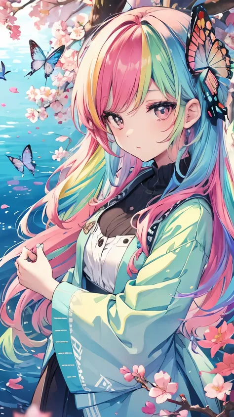 cute women with rainbow hair, multicolored butterflies, water, colorful blossoms