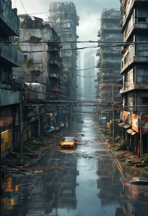 Image of the center of a modern ultra futuristic abandoned city with rusty and dirty abandoned crashed rusty cars standing among the dirty modern round and circular gray buildings in ruins, cyberpunk style, rain and puddles of water on the ground, Science ...