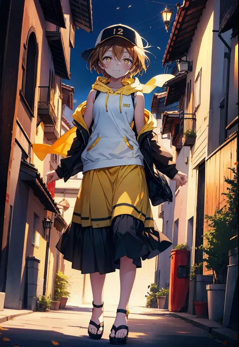 Rin Hoshizora (Yellow Eyes:1.5), Hair between the eyes, Brown Hair,Short Hair,blush,happy smile, smile, Open your mouth,Baseball hats,Oversized sleeveless hoodie,Long skirt,Cute Sandals,Daytime,Clear skies,Walking,whole bodyがイラストに入るように, 　　　　　　　　　　　break lo...