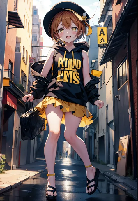 Rin Hoshizora (Yellow Eyes:1.5), Hair between the eyes, Brown Hair,Short Hair,blush,happy smile, smile, Open your mouth,Baseball hats,Oversized sleeveless hoodie,Long skirt,Cute Sandals,Daytime,Clear skies,Walking,whole bodyがイラストに入るように, 　　　　　　　　　　　break lo...