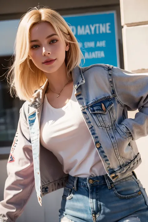 hyperdetailed image blond woman in a denim pink jacket and blue jeans posing for a picture, chloe price from life is strange, smile attractive, wearing SWAT clothes jacket, chloe price, margot robbie in gta v, style of alena aenami, realistic clothing, gwe...