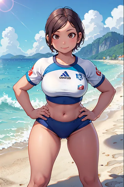 masterpiece, best quality,1girl,young girl, (beach volleyball player), wearing (uniform with company logo) ,cropped top , brown eyes, short hair, happy smile, shiny skin,(nice leg line:1.3),thin waist, huge breasts,(hands on hips:1.5)
BREAK
, beach backgro...