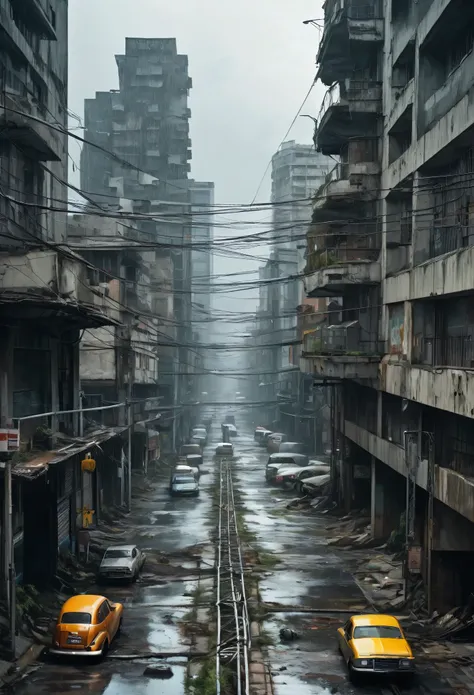 Image of the center of a modern ultra futuristic abandoned city with abandoned rusty and dirty crashed rusty cars and buses standing on a ruined gray concrete tall overpass with 3 streets, has dirty modern round and circular buildings in ruins, cyberpunkst...
