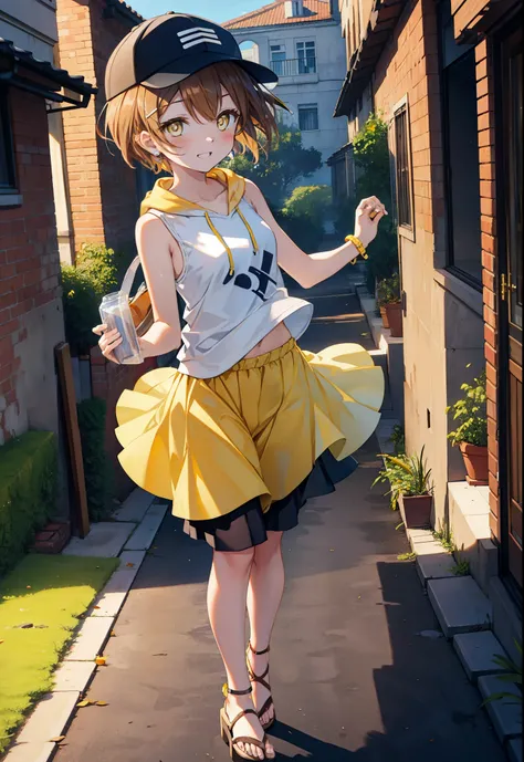 Rin Hoshizora (Yellow Eyes:1.5), Hair between the eyes, Brown Hair,Short Hair,blush,happy smile, smile, Open your mouth,Baseball hats,Sleeveless hoodie,Bare arms,Long skirt,Cute Sandals,Daytime,Clear skies,Walking,whole bodyがイラストに入るように, 　　　　　　　　　　　break lo...