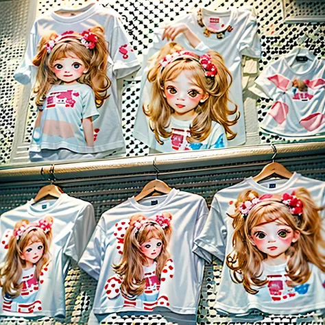 White and Bright Red, (Masterpiece 8K TopQuality:1.2) (ProfessionalPhoto:1.37) ExtremelyDetailed ((((KAWAII girl Printed on T-shirt:1.4)))