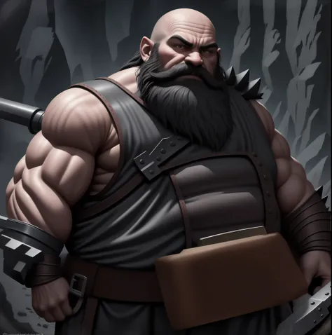a very strong fantasy dwarf, sooty skin, long and thick beard and mustache, bald, very stout, steely eyes, ugly face, very muscular, wearing sleeveless leather armor, armor spikes, gruff expression, holding a large maul hammer, wearing a tool belt, in a da...