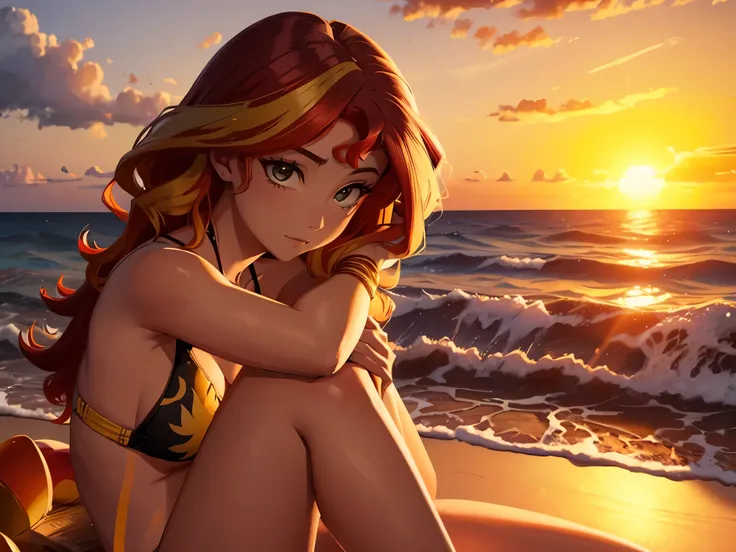 sunsethuman, female, two tones of hair, red and yellow hair, sitting on the beach, sunset, loose bikini