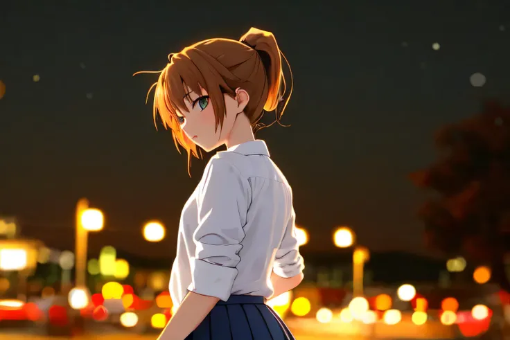 Anime Style, (17 years old:1.5),ponytail, round ass, white collar shirt, dark-blue pleated skirt,  standing, bokeh, night, looking as viwer, from behind view, cowboy shot, lonely, pose for photo, 3d,