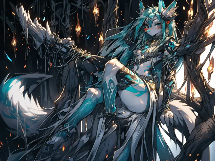 Miku Hatsune, add high definition_detail:1, blue fur,kitsune ears, tribal tattoo add_detail:1, in hell add_detail, barefoot, beautiful legs