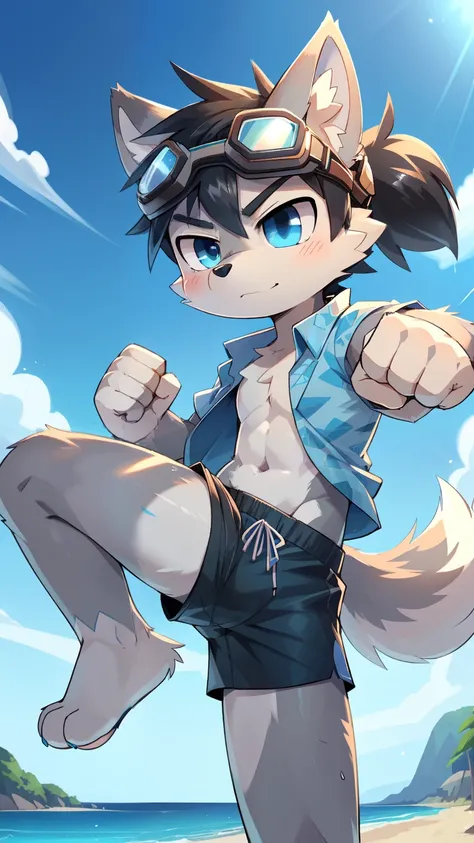 score_9,score_8_up,score_7_up, source_cartoon, source_furry, furry shota, wolf, black hair, long spiky ponytail, blue eyes, two tone body fur, grey body fur, clear grey body fur, detailed body fur, ((goggles, blue hawaiian shirt, open clothes, black swim t...