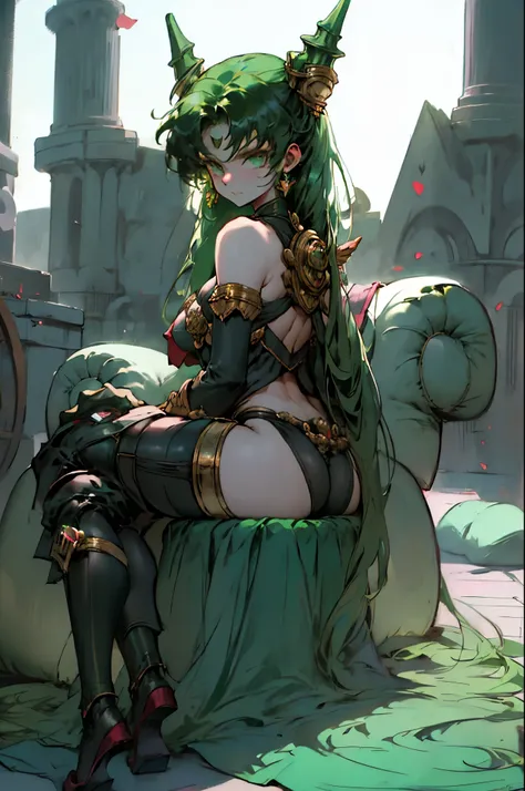 Black Kakalot Female, Green Hair, Look at Viewer, Green Castle, sitting chair, (((turn back))), panty