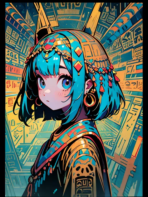 sideview,(looking at viewer),solo, upperbody, blunt bangs, deep blue bob hair, Egyptian goddess, Psychedelic Pop, niji viewer, geometric design world, lost in, phosphorescent floor,