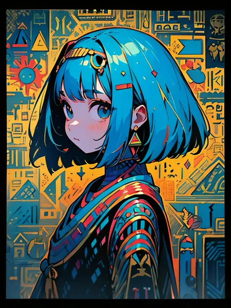 sideview,(looking at viewer),solo, upperbody, blunt bangs, deep blue bob hair, Egyptian goddess, Psychedelic Pop, niji viewer, geometric design world, lost in, phosphorescent floor,