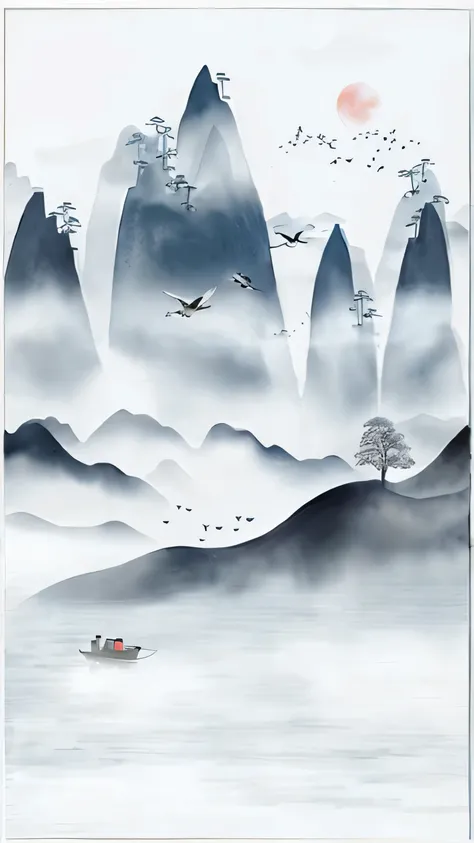 There was a boat floating in the water，Birds fly on it, in a serene landscape, Chinese landscape, Chinese style painting, serene illustration, Inspired by Ma Yuan, Chinese painting style, peaceful scenery, Chinese watercolor style,serene scene, inspired by...