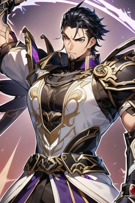 (Simple white background, Genshin Impact muscular male character, unique character, serious appearance, black suite, short, wavy and black hair, slicked back, goatee, visual novel, detailed black armor, high quality, cinematic, pose de poder, intricate det...