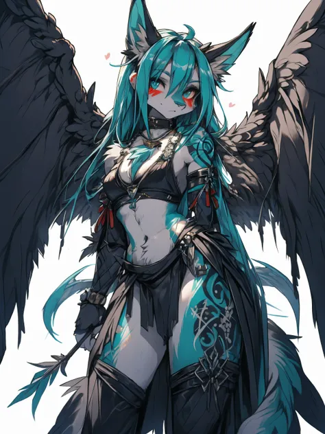 Miku Hatsune, add high definition_detail:1, blue fur,kitsune ears, tribal tattoo add_detail:1, in hell add_detail, giant black feather wings add_detail:1