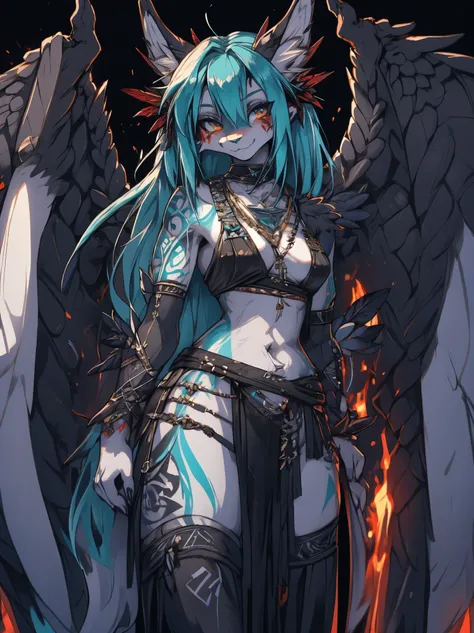 Miku Hatsune, add high definition_detail:1, blue fur,kitsune ears, tribal tattoo add_detail:1, in hell add_detail, giant black feather wings add_detail:1