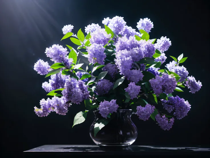 a beautiful lilac flowers,detailed flower petals,delicate lilac flowers,stunning lilac bouquet,vibrant lilac flowers,soft lilac blooms,lush lilac flowers,intricate lilac blossoms,realistic lilac floral,dramatic black background,moody black backdrop,high co...