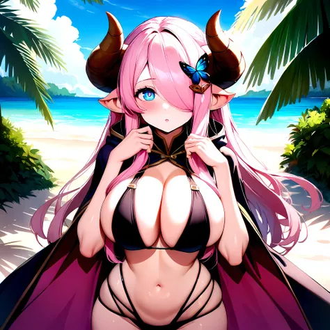 Vibrant, high-definition anime-style illustration set on a tropical beach. The layout features a central female character, Narmaya, with long pink hair, partially covered by a hooded cloak adorned with brown horns. She has fair skin, large expressive blue ...