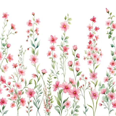 there are many Pink flowers and green leaves on the white background, Blooming flowers, Fondo pintado floral, Pink flowers, Exquisite garden on paper, Beautiful high resolution, Floral Pattern, Mottled flowers, Flowers and blooms, Flower field background, ...