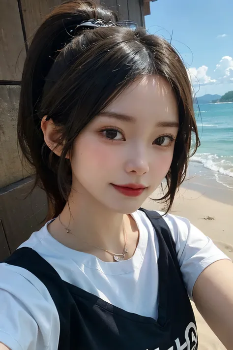 ((best quality)), ((masterpiece)), (detailed), perfect face. Asian girl. Selfie. Blank T-shirt. Beach.