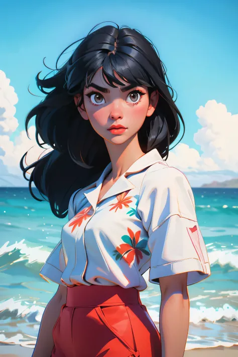 Beach vacation black hair white skin girl front view half body portrait Hawaiian style outfit