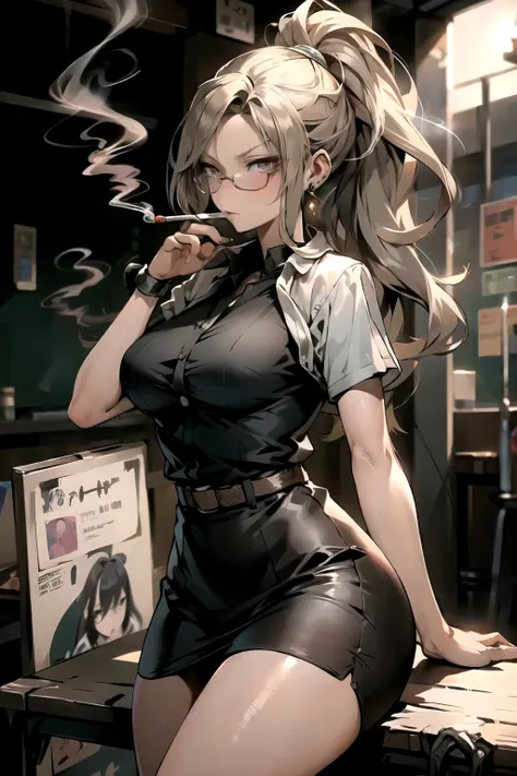 ((best quality)), ((Masterpiece)), (details:1.4), 3d，The clothes are tight., mature woman, teacher, fierce, earring, Very angry., long, high ponytail, big breasts, Sitting on the table, blonde hair, Shiny skin, fine hair, ใบหน้าที่มีdetails, classroom, Wea...