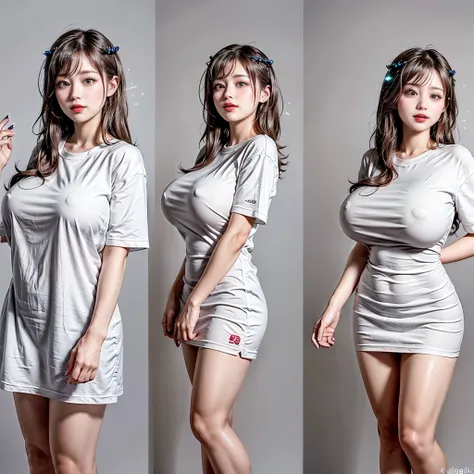 White and Bright Red, (Masterpiece 8K TopQuality:1.2) (ProfessionalPhoto:1.37) ExtremelyDetailed (((KAWAII girl with HUGE boobs:1.37)) (oversized t-shirt) Extremely detailed (Delicate cotton textures) PerfectLighting (Studio GRAY Background) with Dazzling ...