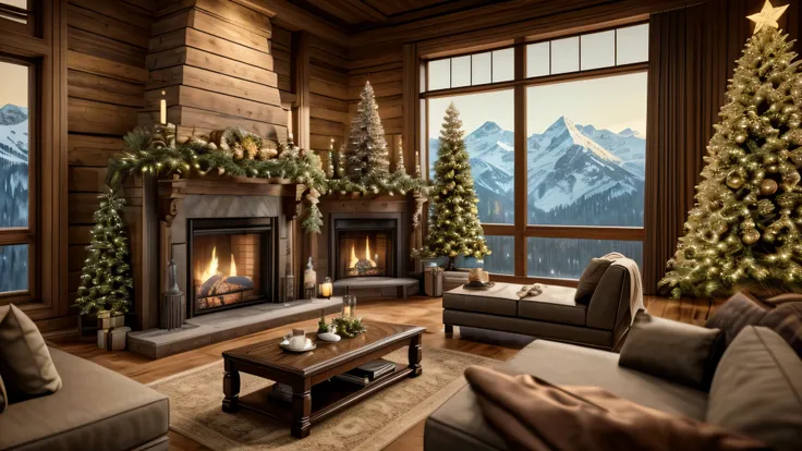 Close-up of living room，There is a Christmas tree and a fireplace inside, Unreal Engine realistic render, Luxurious environment, Unreal 6 Breathtaking Details, highly realistic Unreal Engine, Warm and beautiful scene, integrated in the mountains, cinematic...