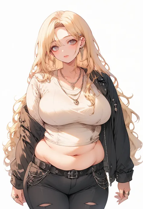 Curvy anime girl, overweight fat girl, pretty anime girl, beautiful chubby anime girl, big tummy, large breasts, wide hips, curvy butt, stomach rolls, stomach bump, fashionable, cool clothes, fun clothes, fashion, accessories, jacket, jewelry, bracelet, ea...