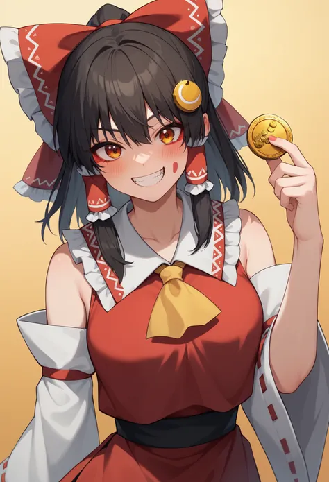 score_9,score_8_up,score_7_up,solo,1girl, curvy,blush,grin,kind_smile,looking at viewer,crazy smile,(with the gold coin),hakurei...