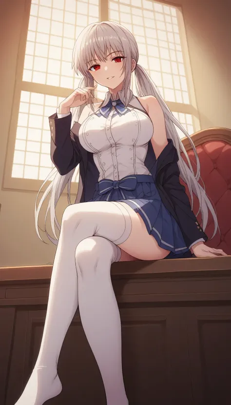 1girl, solo, full length, long hair, twintails, large breasts, looking at viewer, legs, hand, bangs, smile, parted lips, heterochromia, red eyes, blue eyes, sitting, arrogant smile, legs, stockings, indoors, on the chair, black blazer, white shirt, classic...