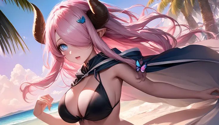 Vibrant, high-definition anime-style illustration set on a tropical beach. The layout features a central female character, Narmaya, with long pink hair, partially covered by a hooded cloak adorned with brown horns. She has fair skin, large expressive blue ...