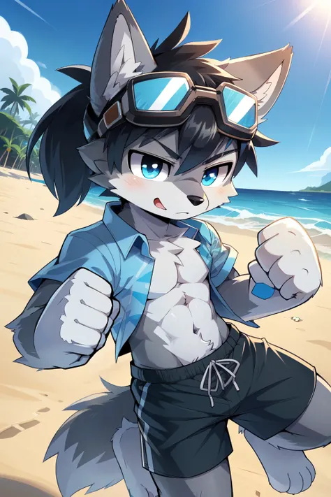 score_9,score_8_up,score_7_up, source_cartoon, source_furry, furry shota, wolf, black hair, long spiky ponytail, blue eyes, two tone body fur, grey body fur, clear grey body fur, detailed body fur, ((goggles, blue hawaiian shirt, open clothes, black swim t...