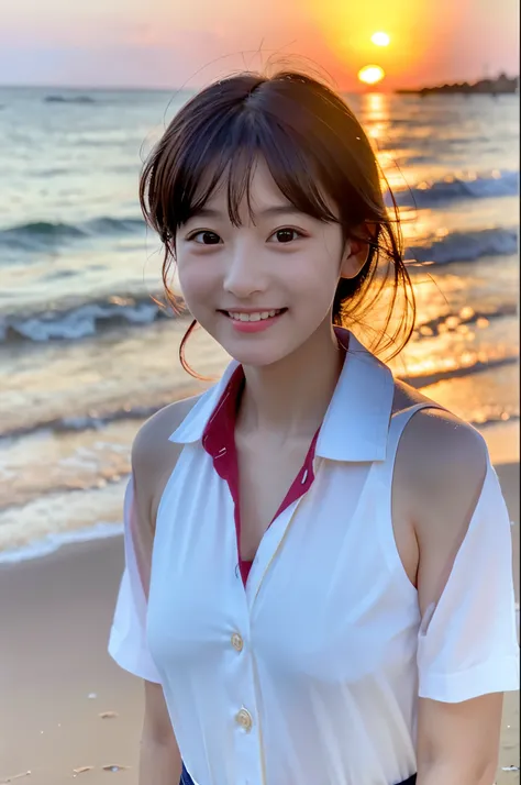 A very cute face like an idol、Looks like a young face、20-year-old female、Gentle and cute、A kind smile、Cleavage、Collared shirt、Walking on the beach at sunset、Natural light、whole body、RAW Photos、Genuine、live-action、Artistic、Real Stick、High resolution、masterp...