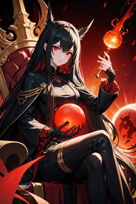 An evil goddess wearing a black and red coat holding his super powerful orb, Has red eyes and sitting along with his super dragon