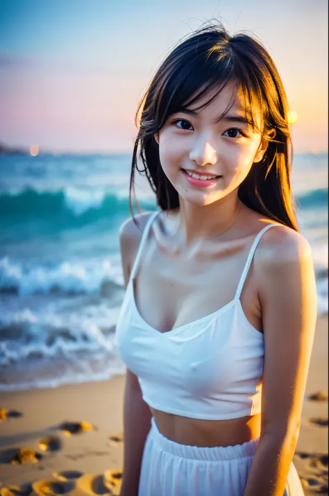 A very cute face like an idol、Looks like a young face、20-year-old female、Gentle and cute、A kind smile、Cleavage、Tank top、Walking on the beach at sunset、Natural light、whole body、SLR、Film Camera、RAW Photos、Genuine、live-action、Artistic、Real Stick、High resoluti...