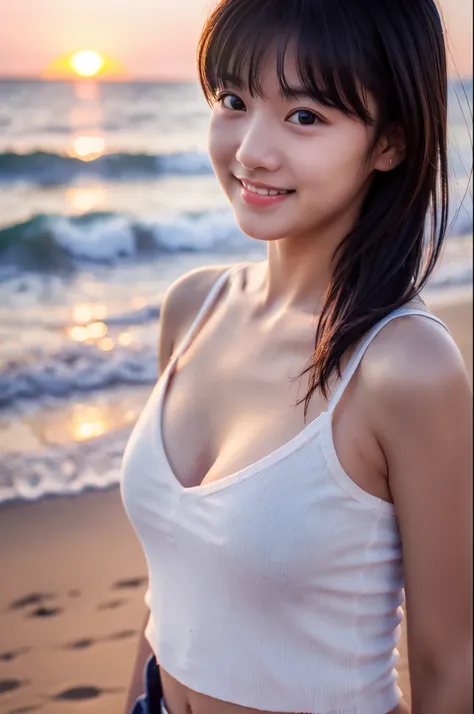 A very cute face like an idol、Looks like a young face、20-year-old female、Gentle and cute、A kind smile、Cleavage、Tank top、Walking on the beach at sunset、Natural light、whole body、SLR、Film Camera、RAW Photos、Genuine、live-action、Artistic、Real Stick、High resoluti...